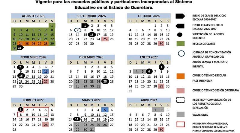 Revisa el calendario escolar 2026-2027 para Querétaro