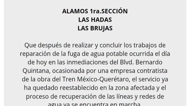 Inicia recuperación del suministro de agua en tres colonias de Querétaro