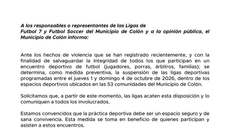 Frenan jornadas de futbol en Colón por hechos de violencia