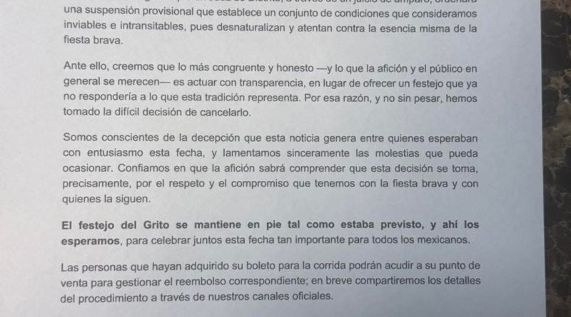 Cancelan corrida del 15 de septiembre en Provincia Juriquilla