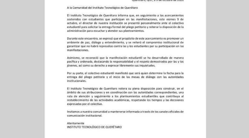Estudiantes y autoridades del ITQ iniciarán con mesa de diálogo