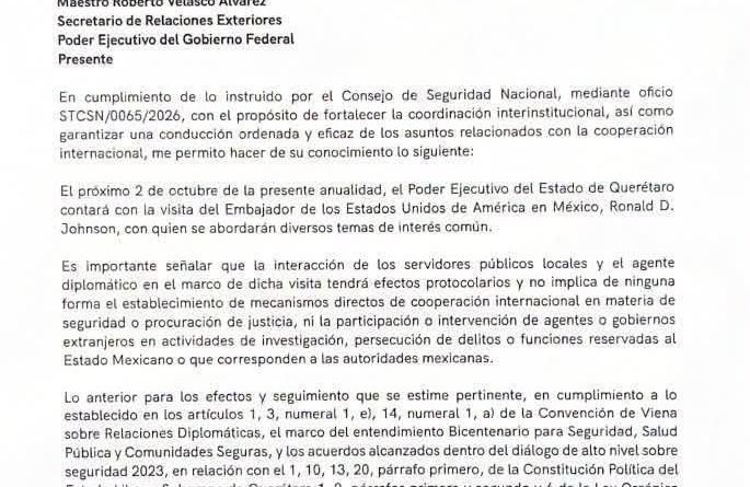 Notificó Kuri a Cancillería visita del embajador de Estados Unidos